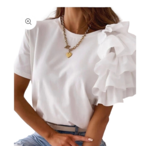 White Ruffle Sleeve‎ Statement Tee – Asymmetrical Top, Boutique (S–L)